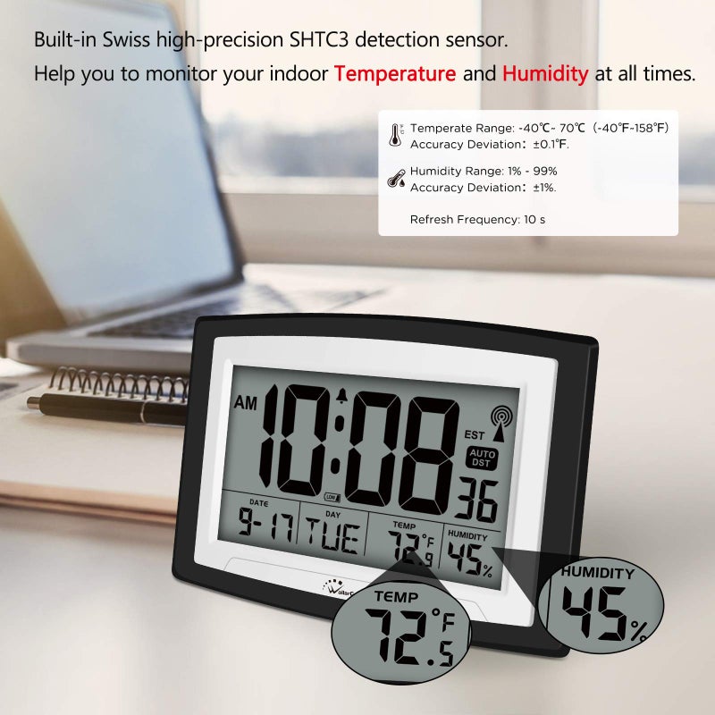 WallarGe Atomic Clock with Indoor Temperature and Humidity  12.5 Inch Self-Setting Digital Wall Clock or Desk Clock  Battery Operated Digital Clock Large Display for Seniors  Auto DST - Image 5